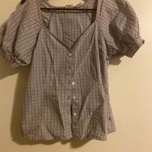 Levi's Gray and Lavender Plaid Puff Sleeve Blouse
